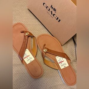 Coach Tan Leather Flip Flops New